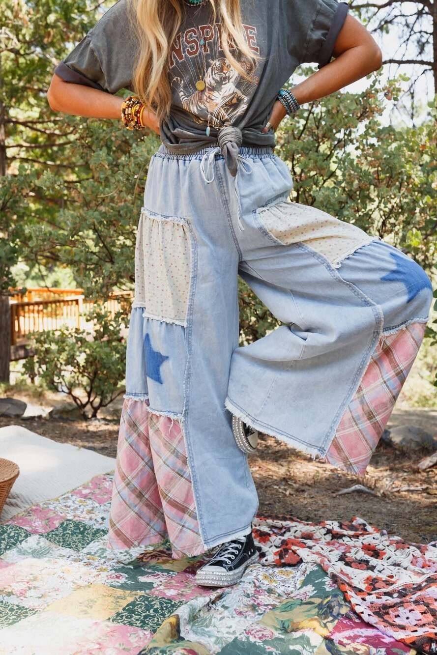 POL Clothing Coastal Chill Wide Leg Patchwork Denim Pants